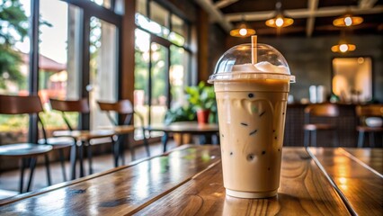 Coffee iced latte with milk in plastic cup sitting on rustic wooden table in cozy coffee shop