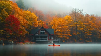 A person kayaking in water with colorful Autumn foliage woods