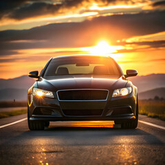 Obraz premium black car with headlights on at sunset