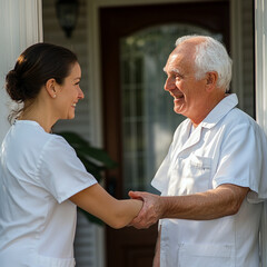 Fototapeta premium nurse senior home care patient elderly caregiver door welcome greeting front door house house call health woman man retirement assistance nursing carer a helping hand arrival doorway