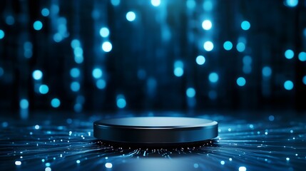 A futuristic, glowing platform surrounded by shimmering blue particles, suggesting a digital or technological theme.