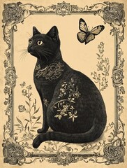 A vintage-style illustration of an elegant black cat, Halloween
