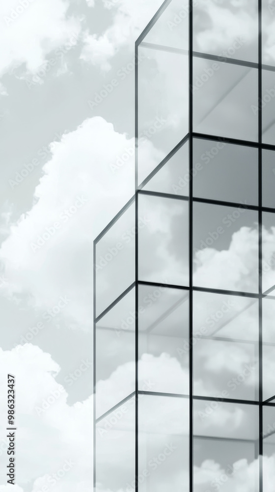 Poster Glass building reflecting clouds in the sky.