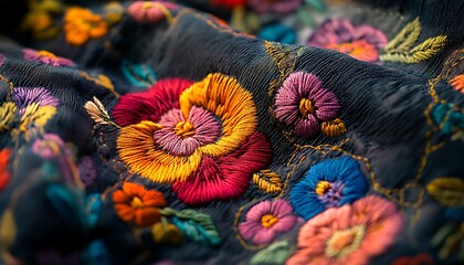 Obraz premium Close-up of Colorful Hand-Embroidered Flowers on Fabric