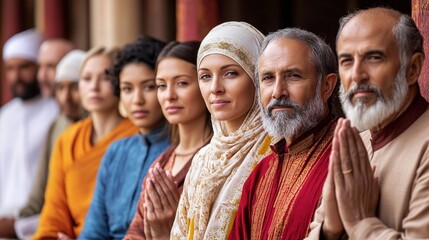 Obraz premium A diverse group of individuals standing in a line, showcasing various cultural attire and expressions, symbolizing unity and inclusivity.