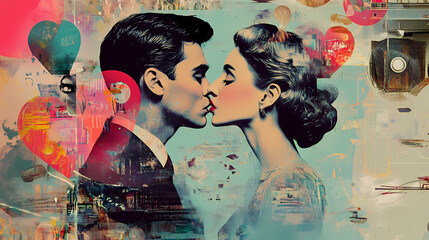 A digital collage mixing modern and vintage love themes with surreal, retro flair for a nostalgic, wondrous fee. Digital Collage. Illustration
