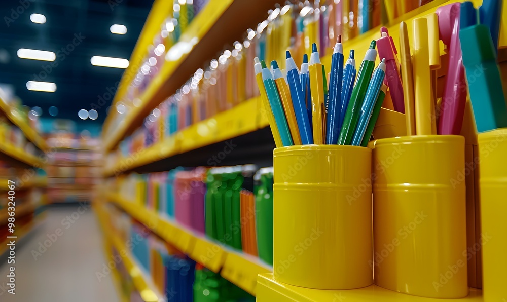 Poster vibrant stationery showcase, a close-up view of an organized array of colorful writing tools and sup