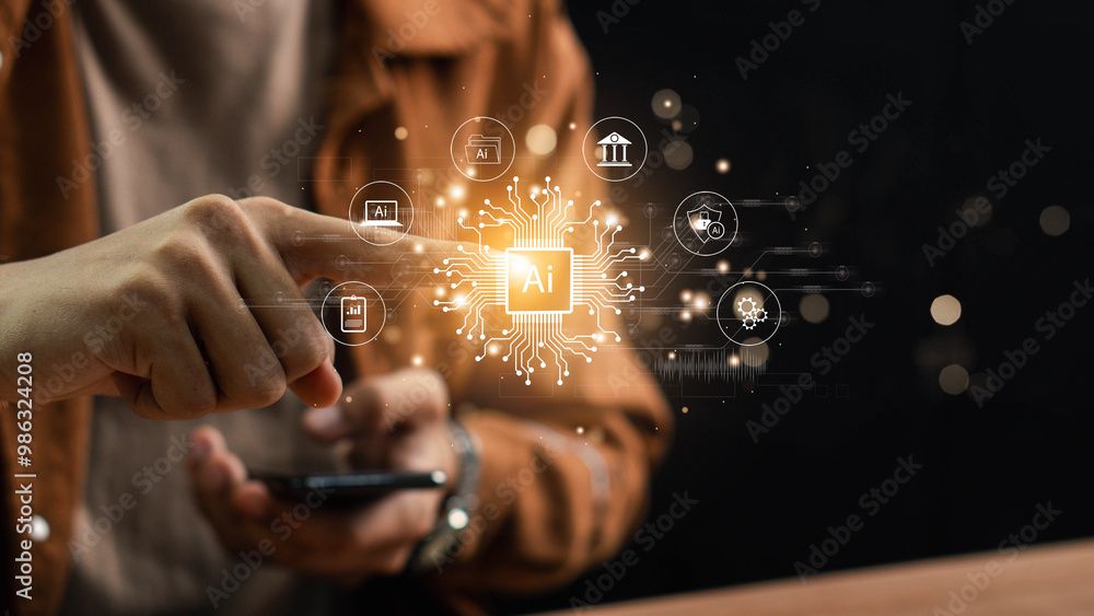 Poster ai technology, machine learning, create new innovations, deep learning, connecting big data, humans 