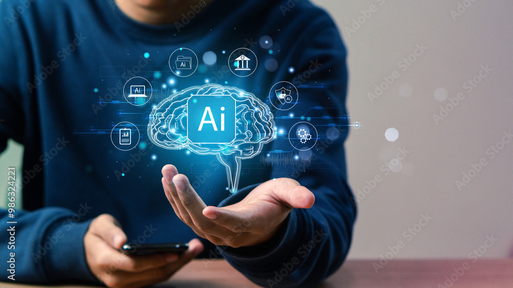 Aufkleber ai technology, machine learning, create new innovations, deep learning, connecting big data, humans 