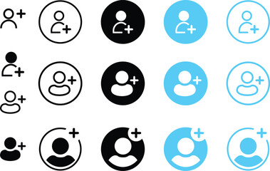 Add user icons set. Person profile avatar with plus, add account symbol. Flat and line vectors isolated on transparent background. Icons for applications and communication. Social media concepts.