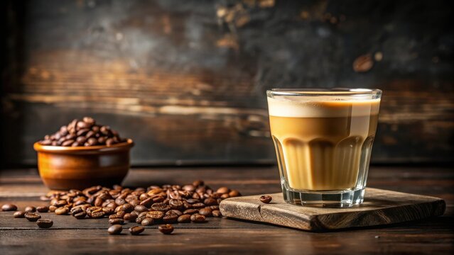 Cortado coffee in a glass on table with coffee beans, Spanish coffee on wall with copy space