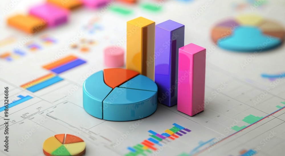 Poster colorful pie chart and bar graph representing data analysis on a desk during a business meeting