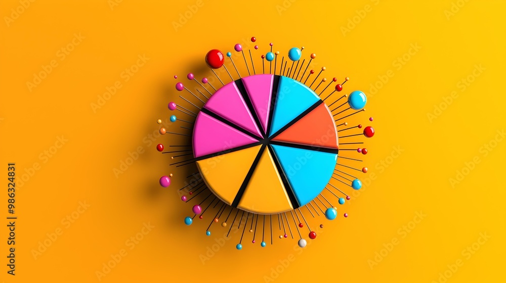 Poster vibrant pie charts with whimsical abstract designs, showcasing a dynamic blend of colors and playful