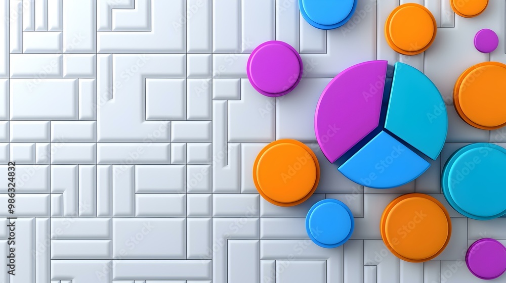 Poster vibrant pie charts with whimsical abstract elements, a lively blend of colorful data representations