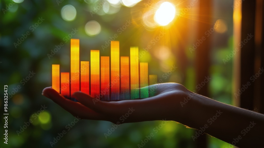 Poster person interacting with a futuristic touchscreen displaying vibrant data visualizations at night
