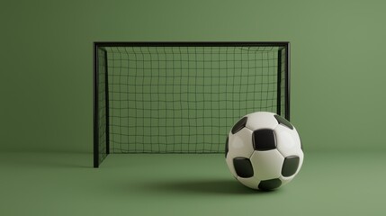 Set of 3D-rendered soccer equipment including a ball cleats and goalposts