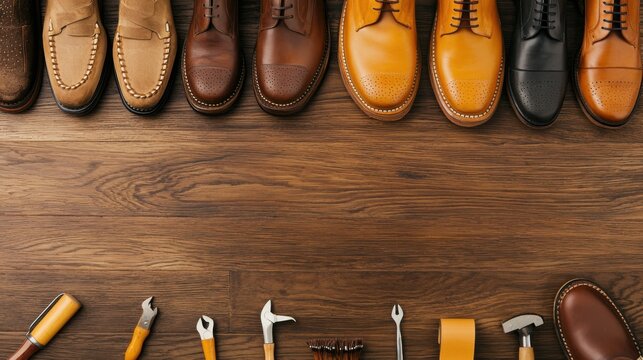 A shoemaker crafting custom leather shoes with various tools and materials neatly arranged