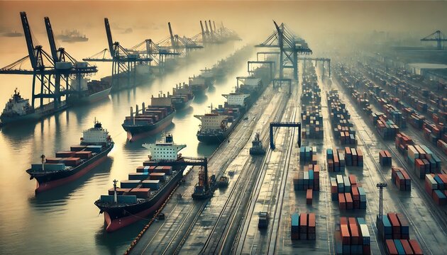 Aerial view of a busy shipping port at dawn, showcasing numerous cargo ships and stacked containers, with cranes positioned along the waterfront.