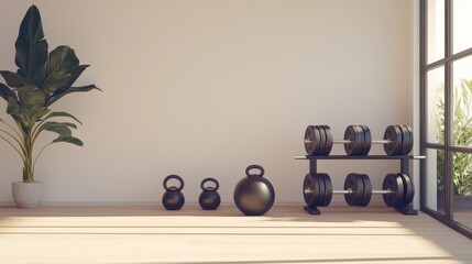 3D illustration of a gym with dumbbells barbells and kettlebells neatly arranged