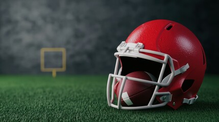 3D illustration of a football helmet ball and goalposts in a stadium setting