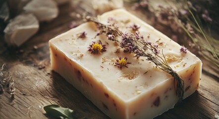 Handcrafted herbal soap with dried flowers on wooden surface in natural setting