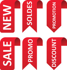 Set of red sale quality tags and labels isolated. Shopping stickers and badges. Discount sticker product tag set. Special offer, soldes, new, sale, discount, Promo.