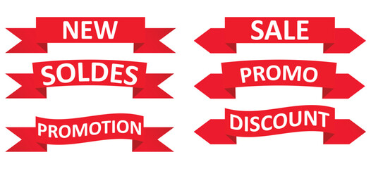 Set of red sale quality tags and labels isolated. Shopping stickers and badges. Discount sticker product tag set. Special offer, soldes, new, sale, discount, Promo.
