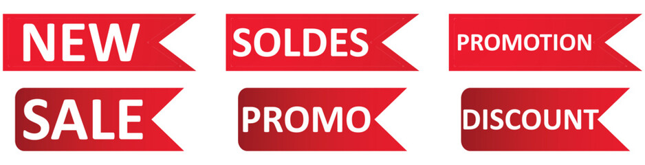 Set of red sale quality tags and labels isolated. Shopping stickers and badges. Discount sticker product tag set. Special offer, soldes, new, sale, discount, Promo.