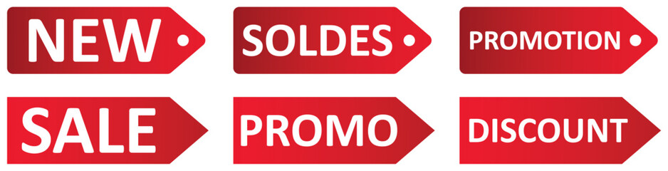 Set of red sale quality tags and labels isolated. Shopping stickers and badges. Discount sticker product tag set. Special offer, soldes, new, sale, discount, Promo.