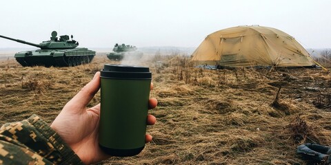 Obraz premium A soldier holds a green thermos while standing in a field. Tanks and a tent are visible in the background. This image captures the essence of military life outdoors. AI