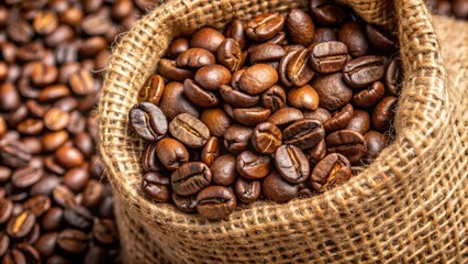 Fototapeta premium Close-up of roasted coffee beans in a raffia sack