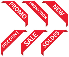 Set of red sale quality tags and labels isolated. Shopping stickers and badges. Discount sticker product tag set. Special offer, soldes, new, sale, discount, Promo.