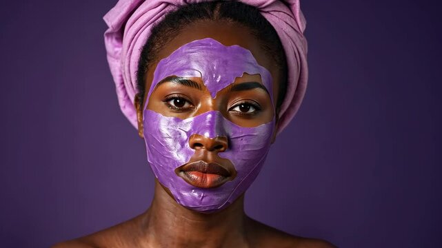 Attractive woman wearing purple facial cream mask on her face on simple dark background. Healthcare, beauty treatment and wrinkles prevention banner concept with copy space.
