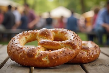 Freshly baked pretzels on a rustic wooden table at a bustling outdoor festival during the afternoon sunshine