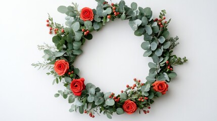 Elegant floral wreath featuring red roses and eucalyptus leaves for seasonal decor