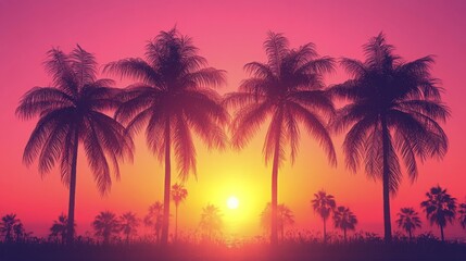 Obraz premium Vibrant sunset behind silhouetted palm trees in a desert landscape capturing serene beauty