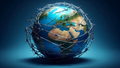 A globe wrapped in barbed wire symbolizes confinement and restricted freedom, highlighting global issues around borders and barriers.