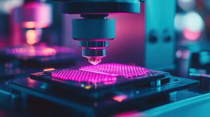 AI chip wafers glowing under laser precision cutting in a sleek, futuristic lab setting