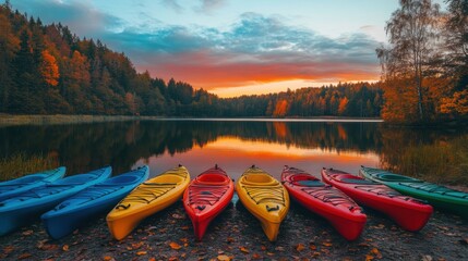 Kayak boat in still quiet lake water with colorful Autumn foliage at sunset