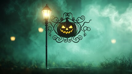 Spooky Halloween sign with a glowing jack-o-lantern face, illuminated street lamp in foggy night, eerie atmosphere.
