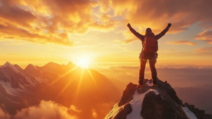 A mountain climber reaching the summit with arms raised in triumph against a golden sunrise