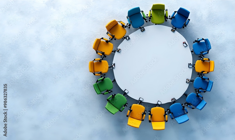 Poster diverse professionals engaged in a collaborative discussion around a circular table, fostering an in
