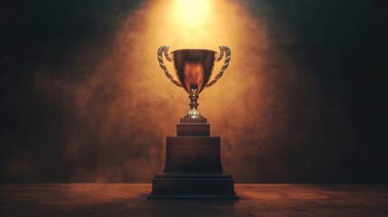 A trophy on a podium glowing under spotlight symbolizing victory and achievement