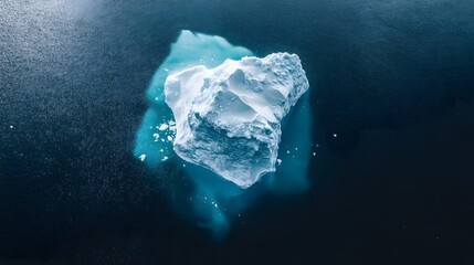 Fototapeta premium An aerial view of an iceberg floating in the water, showcasing its massive size and intricate details. The cold blue tones of the ice contrast with the dark ocean waters.