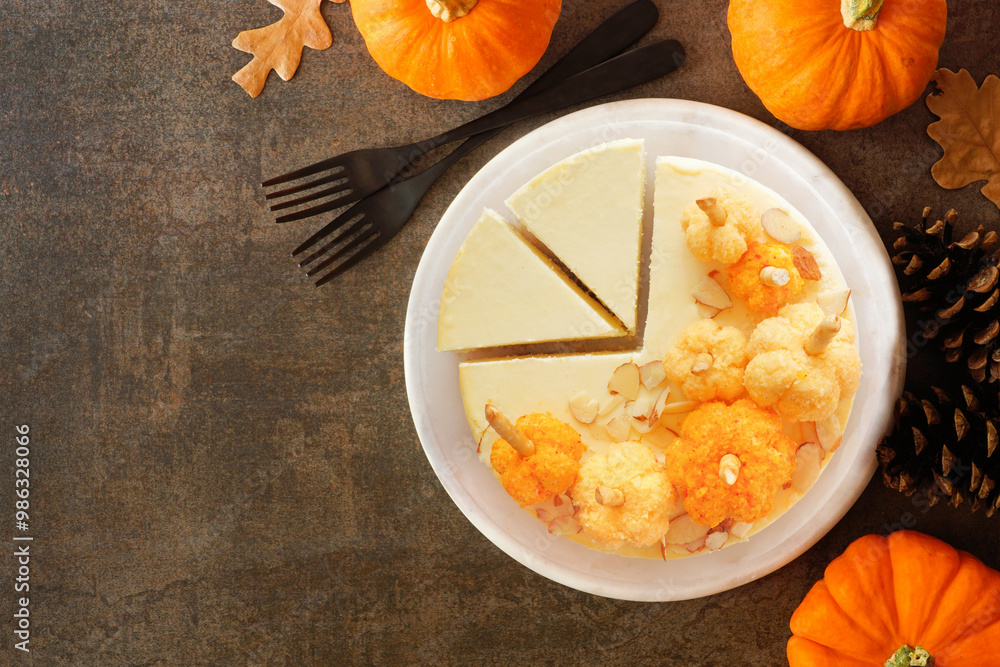 Poster autumn cheesecake dessert with delicious pumpkin cheese balls. above view table scene on a dark ston