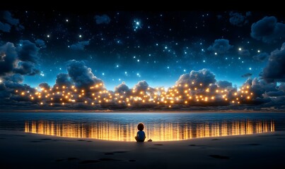Fototapeta premium Celestial Reverie, a whimsical nightscape filled with twinkling stars and ethereal clouds, inviting exploration of the infinite cosmos.
