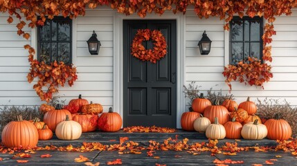 Autumn porch decorated with colorful leaves, pumpkins, and a wreath for the fall season