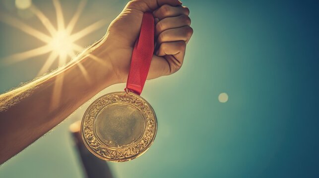A medal glistening in the sun held high by an athlete after winning a race