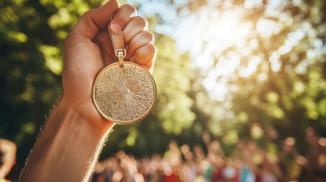 A medal glistening in the sun held high by an athlete after winning a race
