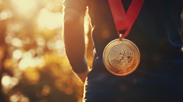 A medal glistening in the sun held high by an athlete after winning a race